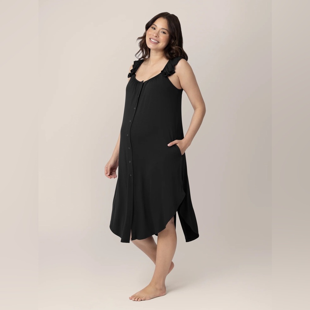 Kindred Bravely Black Maternity & Nursing Ruffle-Shoulder Chemise